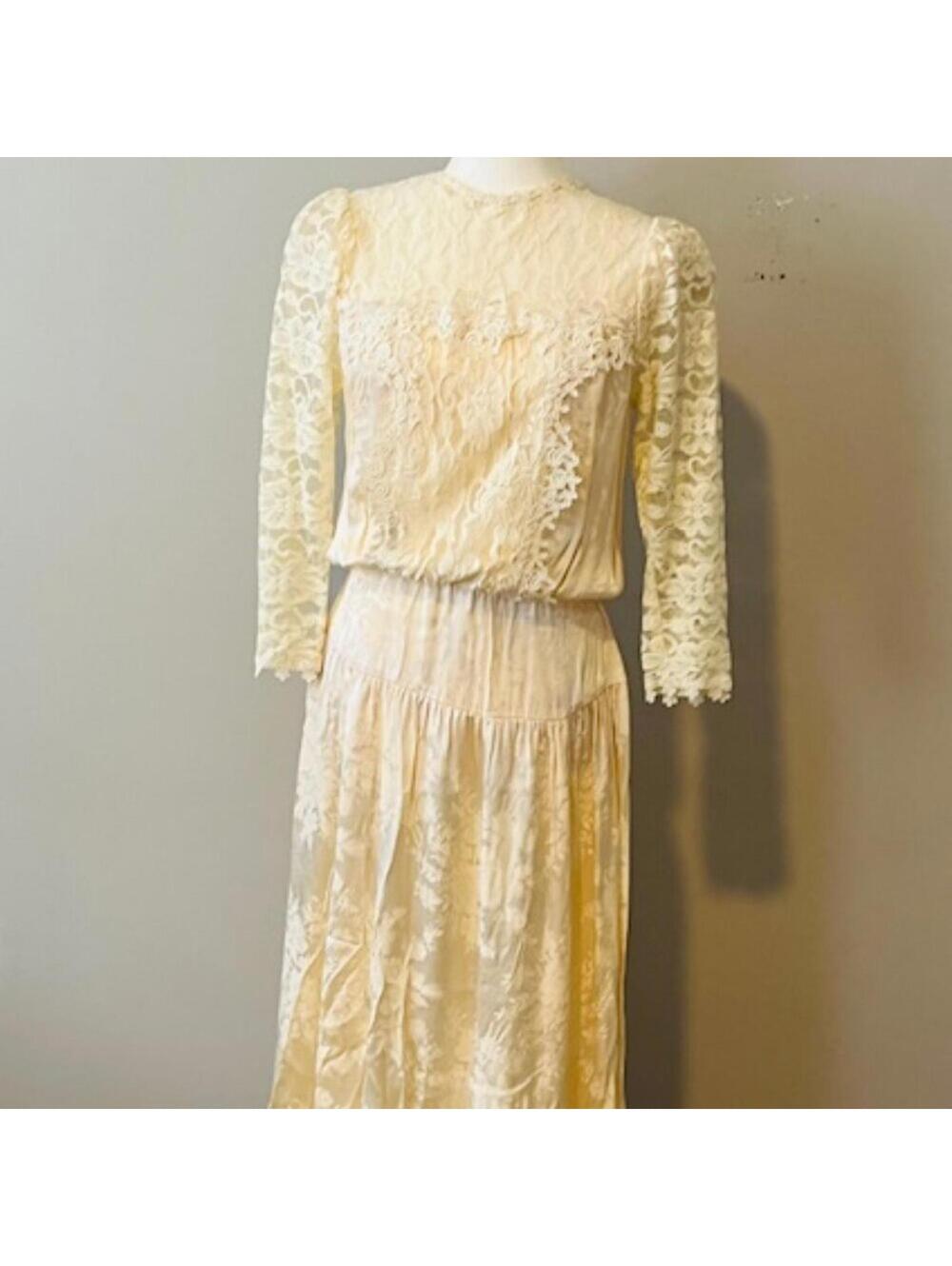 Vintage 1986 Jessica McClintock Peach Satin & Lace Dress - Size 8
